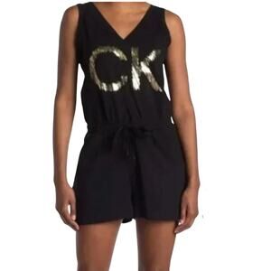 Calvin Klein CK Gold Logo Romper Sleeveless Black Casual Jumpsuit Sz L-XL **